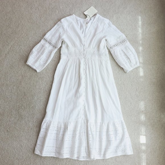 SOLD ANTHROPOLOGIE Eyelet Midi Dress White sz 6 - Picture 4 of 11